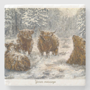 Highland Soul: Whimsical Snowy Cows Vintage Stone Coaster