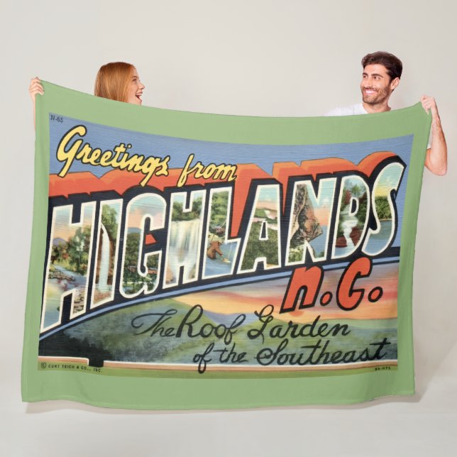 Highlands NC Retro Postcard Fleece Throw Blanket (In Situ)