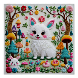 Highly Textured Embroidery Kawaii Animals Pattern Poster