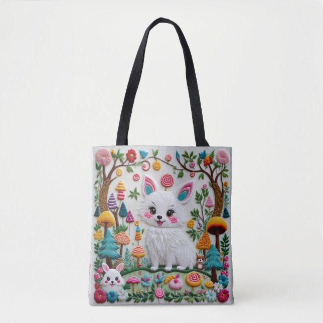 Highly Textured Embroidery Kawaii Animals Pattern Tote Bag (Front)