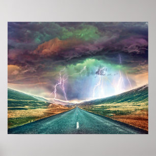 Highway Lightning Landscape Poster