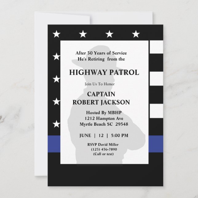 Highway Patrol Flag Blue Line Retirement Party Invitation (Front)