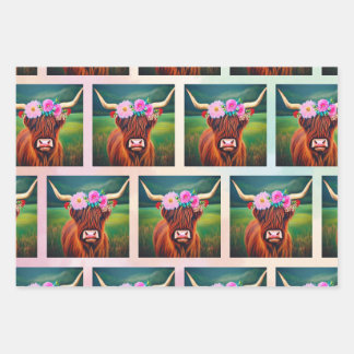 Higland Cow Wrapping Paper Flat Sheet Set of 3