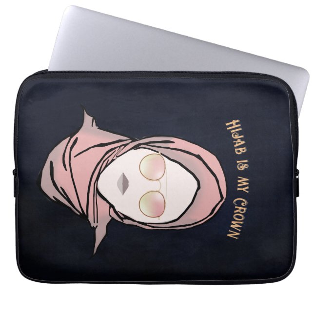Hijab is My Crown Illustration Black Brown Gold Laptop Sleeve (Front)