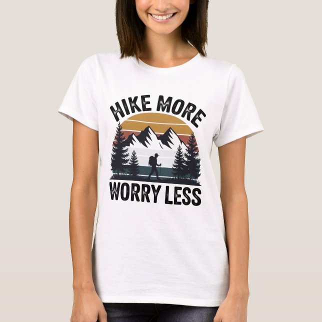 Hike More, Worry Less – Retro Sunset Hiking Tee (Front)