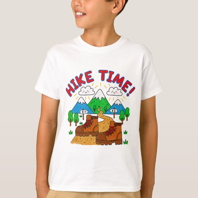 Hike Time Kids Drawing with Mountains T-Shirt (Front)