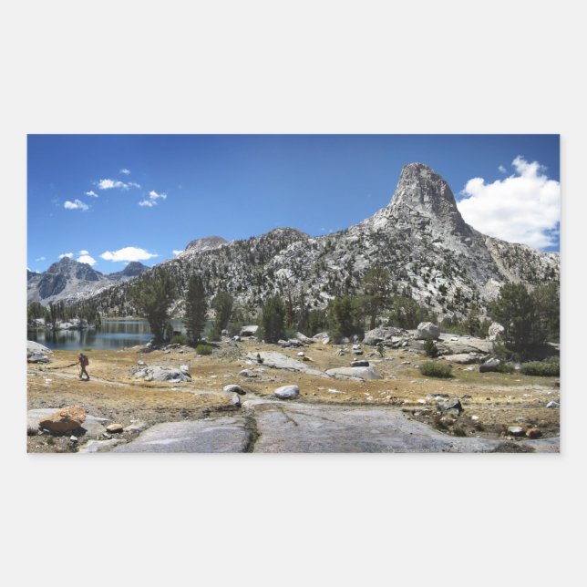 Hiker at Rae Lakes under Fin Dome- John Muir Trail Rectangular Sticker (Front)