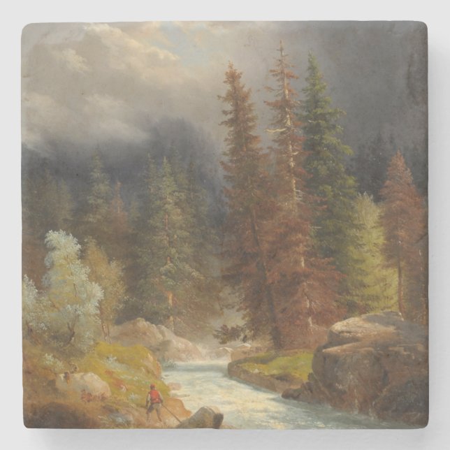 Hiker Beside a Torrential River in a German Forest Stone Coaster (Front)
