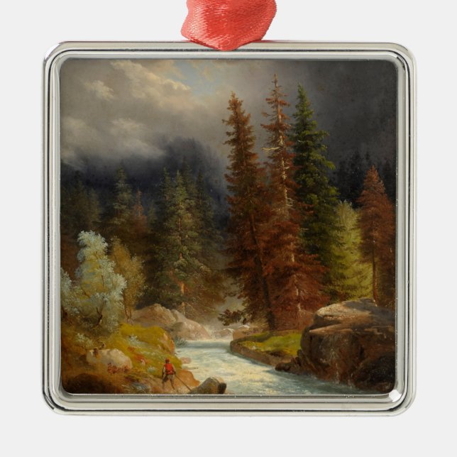 Hiker Beside a Torrential River Metal Ornament (Front)
