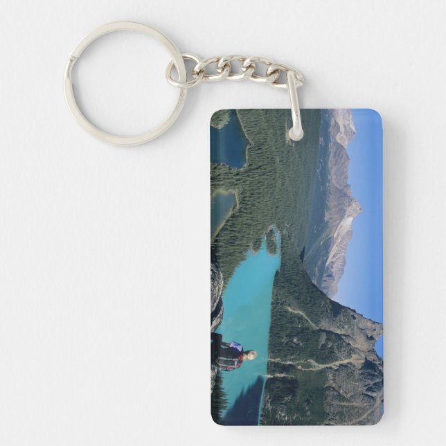 Hiker overlooking turquoise-coloured Lake Key Ring (Front)