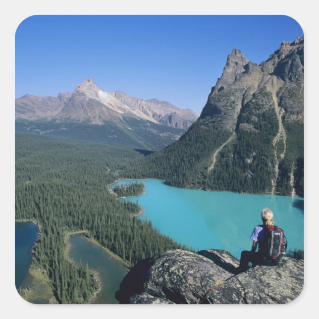 Hiker overlooking turquoise-coloured Lake Square Sticker (Front)