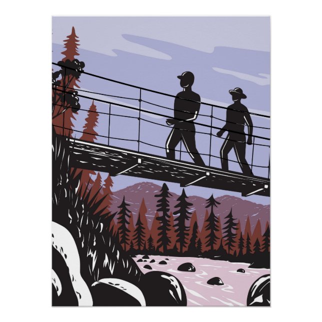 Hikers on Wawona Swinging Bridge in Yosemite WPA Poster (Front)