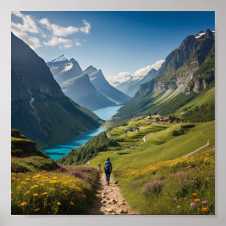 Hiker's Path to Serenity – Scenic Mountain Sunrise Poster