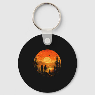 Hikers sunset mountain lake backpacking trek key ring