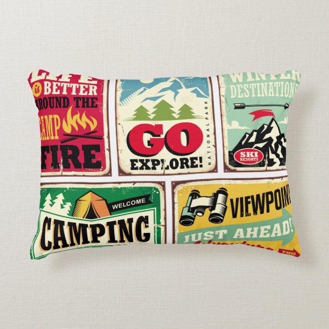 Hiking and camping retro signs collection. Outdoor Decorative Cushion (Front)
