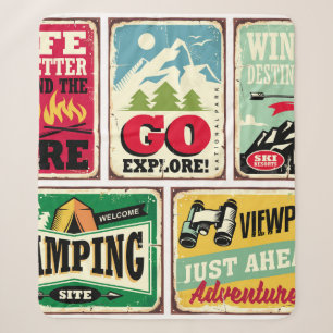 Hiking and camping retro signs collection. Outdoor Sherpa Blanket