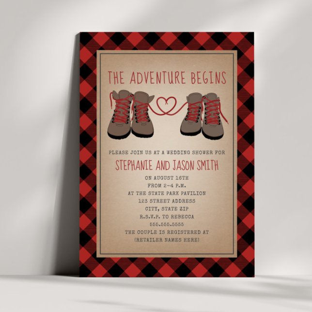 Hiking Boots Adventure Plaid Wedding Shower Invitation (Creator Uploaded)