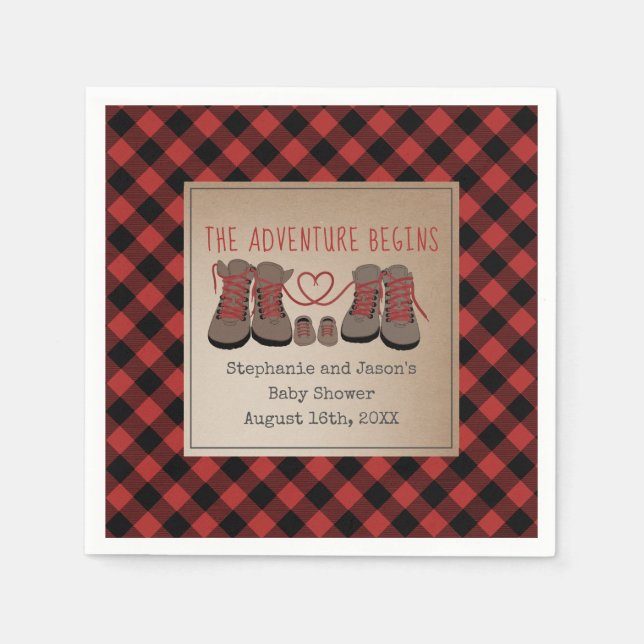 Hiking Boots Buffalo Plaid Adventure Baby Shower Napkin (Front)