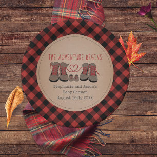 Hiking Boots Buffalo Plaid Adventure Baby Shower Paper Plate