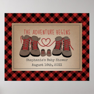 Hiking Boots Buffalo Plaid Adventure Baby Shower Poster