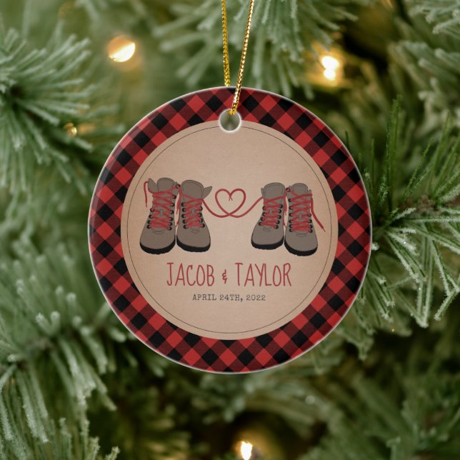 Hiking Boots First Christmas Married Engaged Ceramic Ornament (Tree)