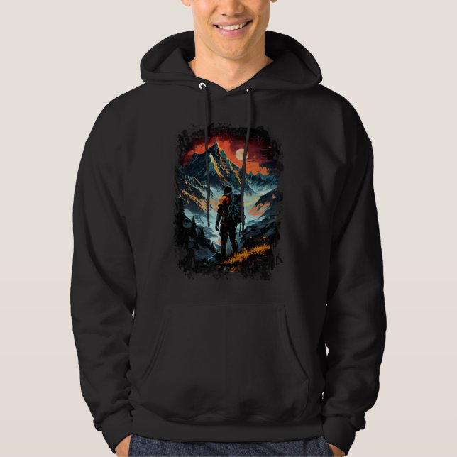 Hiking camping mountains sunset hiker retro 70s vi hoodie (Front)