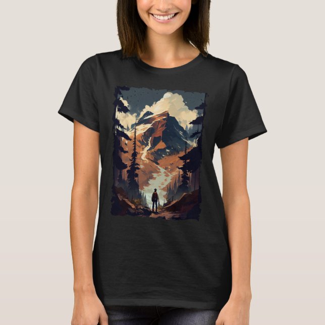 Hiking camping mountains sunset hiker retro 70s vi T-Shirt (Front)
