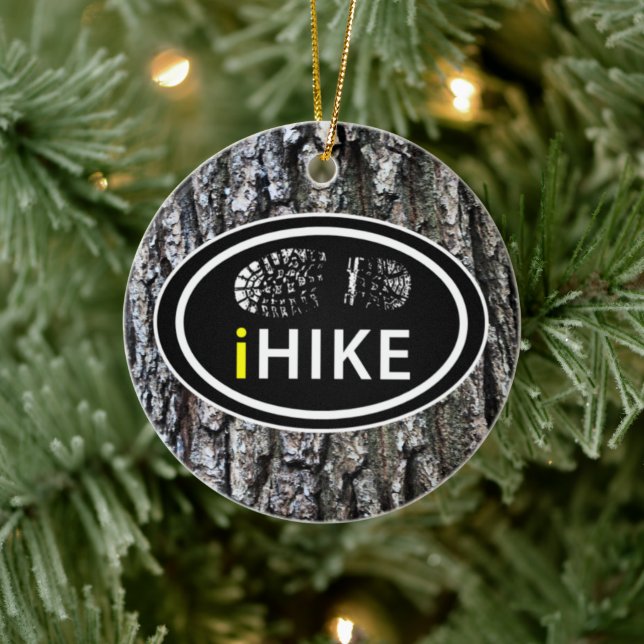 Hiking iHIKE Boot Print on Tree Bark Christmas Ceramic Ornament (Tree)