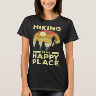 Hiking is My Happy Place Retro Sunset Mountain Cli T-Shirt