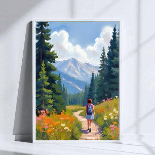 Hiking Trail Mountain Nature Landscape Watercolor Poster