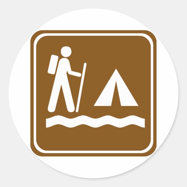 Hiking Trail with Lakeside Camping Highway Sign Classic Round Sticker (Front)