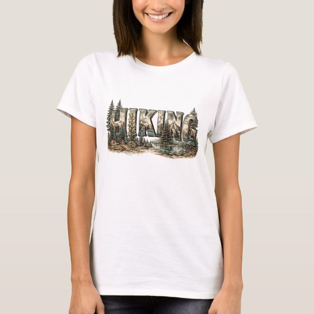 Hiking Typography with Mountains Trees & River     T-Shirt (Front)