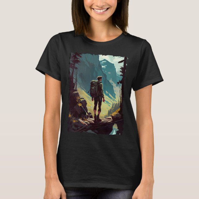 Hiking Woman mountains sunset hiker retro 70s vint T-Shirt (Front)