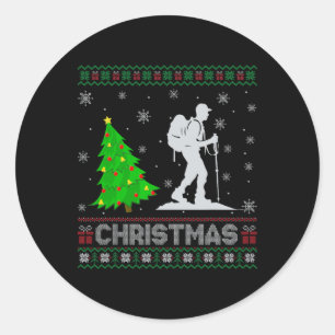 Hiking Xmas Tree Lighting Ugly Christmas Sweater  Classic Round Sticker