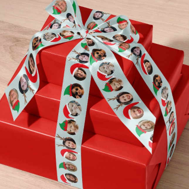 Hilarious 10 People in Christmas Hats Holiday Gift Satin Ribbon (put your friends, family and pets in festive Christmas hats on this custom ribbon with ten photos)