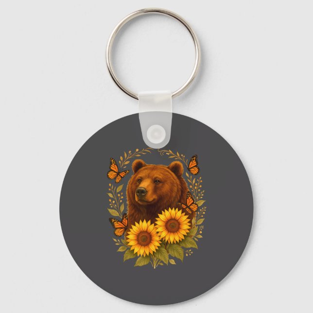 Hilarious Bear Butterfly Nature Rustic Sunflower M Key Ring (Front)