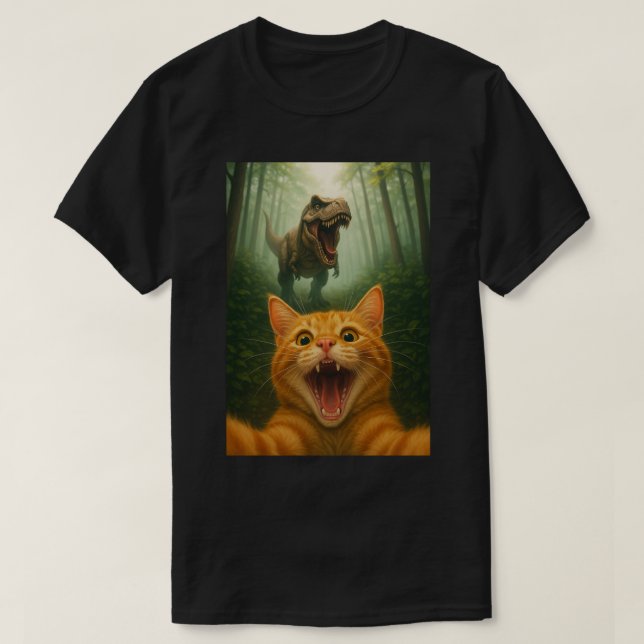 Hilarious Cat Selfie with T-Rex – Cat Selfie Art T-Shirt (Design Front)