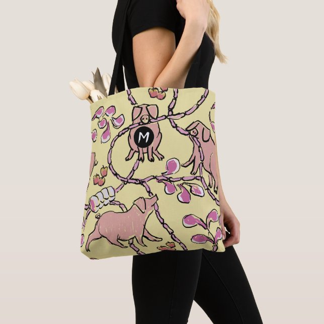 Hilarious Chinese Pig Year Monogram Yellow Tote B Bag (Close Up)