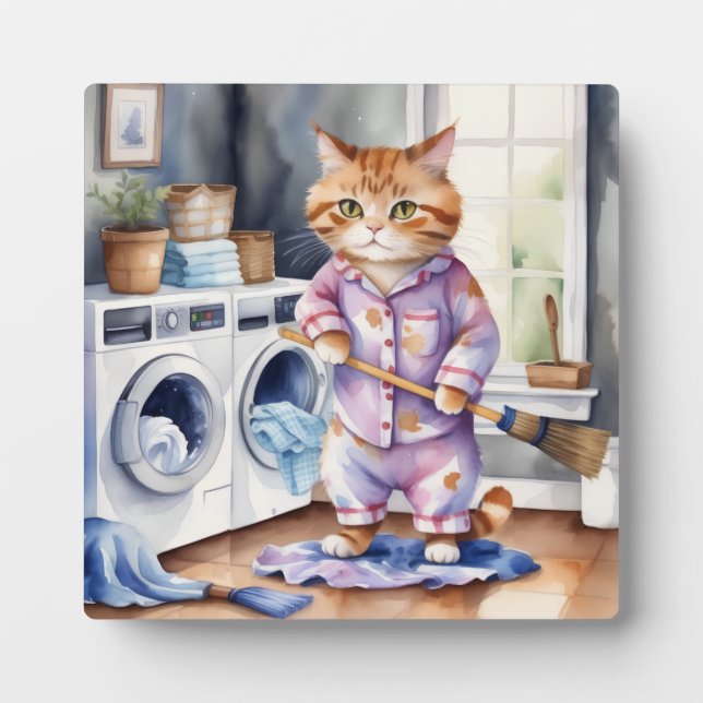 Hilarious Cute Cat in Pyjamas Doing Laundry  Plaque (Front)