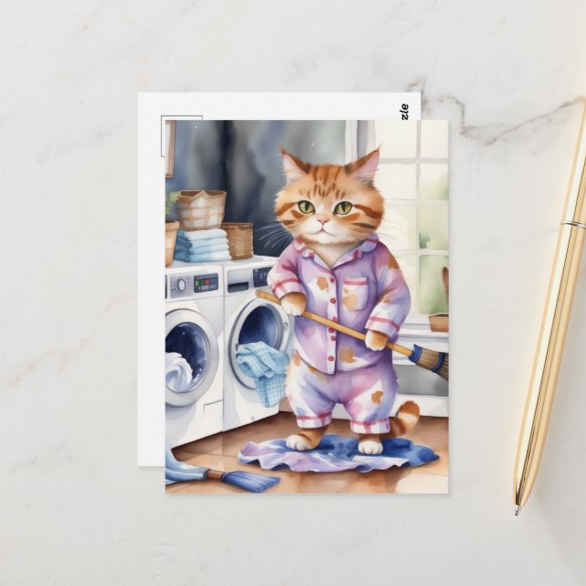 Hilarious Cute Cat in Pyjamas Doing Laundry  Postcard (Front/Back In Situ)