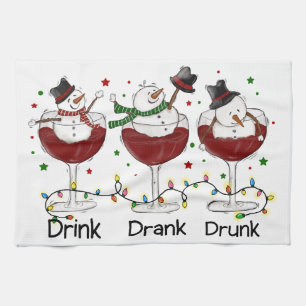 Hilarious “Drink, Drank, Drunk” Snowman and Wine  Tea Towel