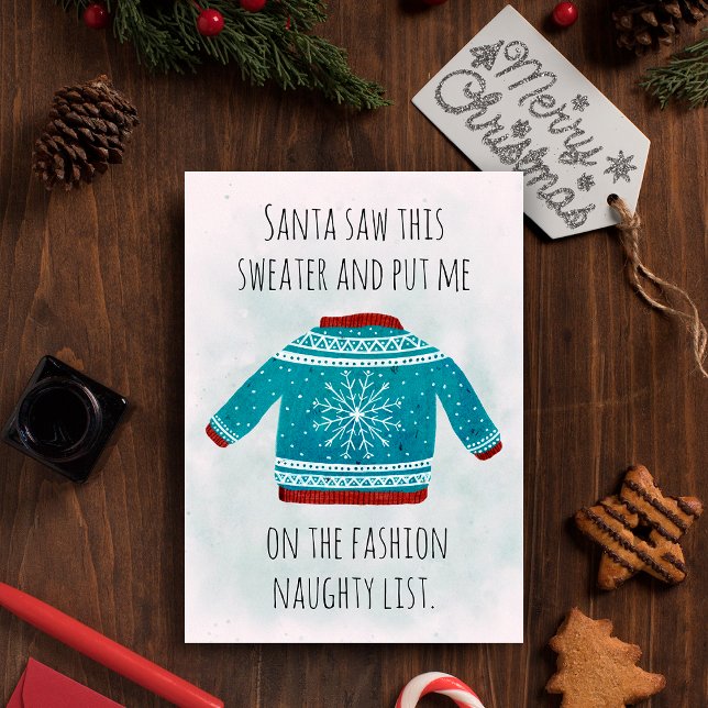 Hilarious Naughty List Blue Ugly Christmas Sweater Holiday Card (Creator Uploaded)