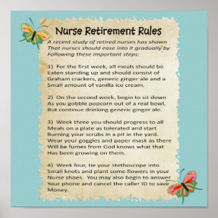 Hilarious "Nurse Retirement Rules" Poster 12x12"