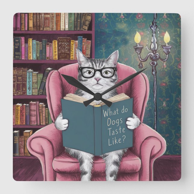 Hilarious Picture of a Cat Reading a Book  Square Wall Clock (Front)