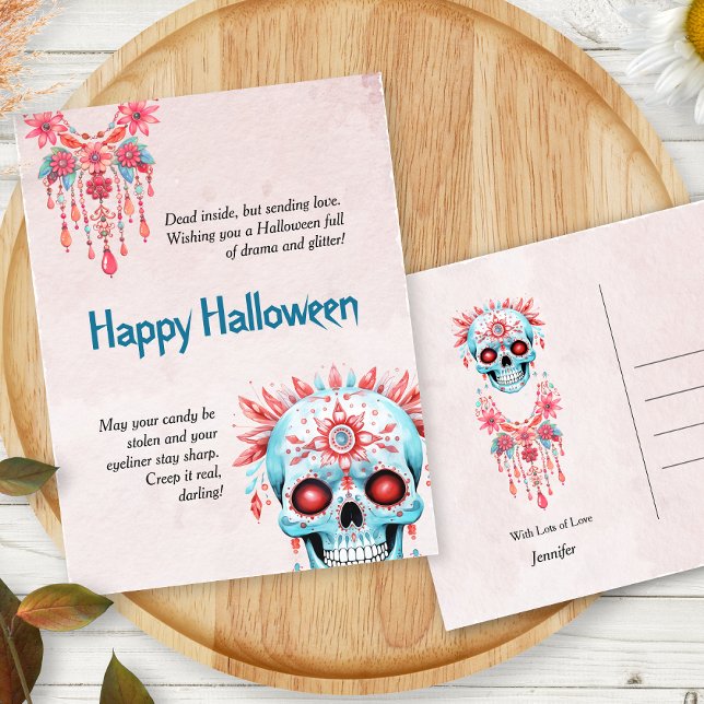 Hilarious Pink Blue Sugar Skull Funny Halloween Postcard (Creator Uploaded)
