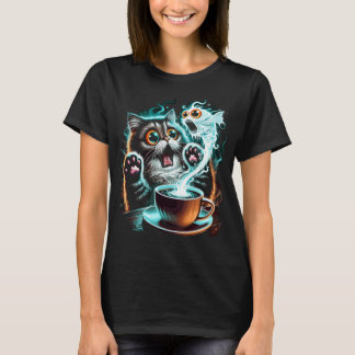 Hilarious Scared Cat and Ghost Fish Design T-Shirt