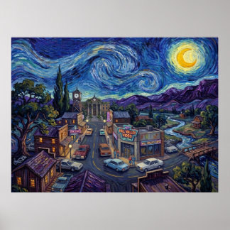 Hill Valley 1980s Starry Night Sci Fi Landscape Poster