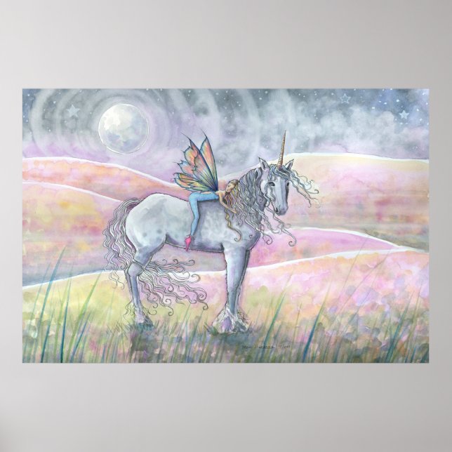 Hills of Enchantment Unicorn and Fairy Fantasy Art Poster (Front)