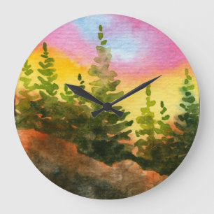 Hills, pines, sky, fog landscape in sunrise colors large clock