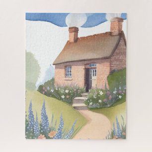 Hillside Cottage Watercolor Brick Home Painting Jigsaw Puzzle